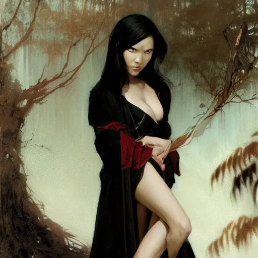 Image similar to detailed cinematic wide shot of beautiful attractive tao okamoto asian vampire woman wearing black bath robe slim face symettrical face clean skin black eyes black robe smooth, sharp focus, ultra realistic, spring light, painting by gaston bussiere, craig mullins, j. c. leyendecker