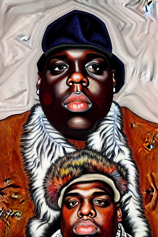 Image similar to full body!! a portrait of biggie smalls aka notorious b. i. g. wearing boho - chic style clothes, with a fur muffler and feathers, realistic painting in egon schiele style, masterpiece, hyperdetailed, complex, intricate, 4 k, hyperrealistic, trending on artstation