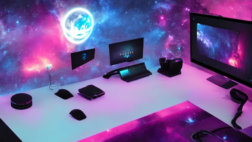 Image similar to a galactic overpowered computer. (cyan, pink, purple, orange) Overclocking, watercooling, custom computer, nebula, mat black metal, alienware, cosmic design, desktop computer, nebula, galactic, space, minimalist desk, minimalist home office, whole room, minimalist, Beautiful dramatic dark moody tones and lighting, orange neon, Ultra realistic details, cinematic atmosphere, studio lighting, shadows, starts lighting, starts, dark background, dimmed lights, industrial architecture, Octane render, realistic 3D, photorealistic rendering, 8K, 4K, computer setup, highly detailed