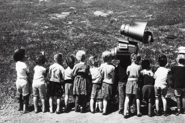 Prompt: A line of children waiting to look through a telescope, Ansel Adams