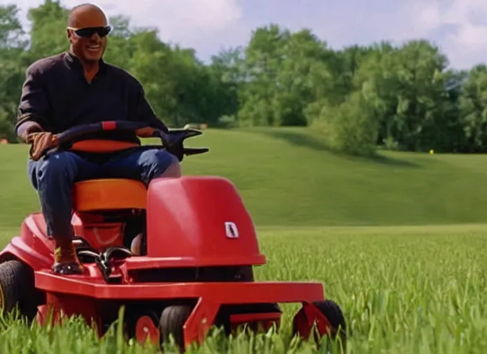 Image similar to film still of Stevie Wonder riding a lawn mower in the new Field of Dreams movie, 4k