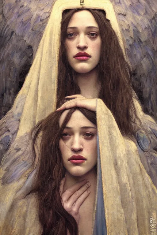 Prompt: Concept Art of cinematography of Terrence Malick film stunning portrait of featuring Kat Dennings as an ancient babylonian priestess, looking at camera, medium close up, by edgar maxence, artgerm, guweiz masterpiece, Met, award winning, incredible, perfect structure