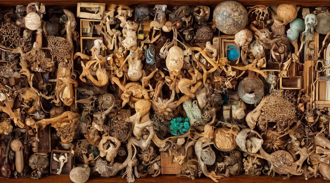 Image similar to wooden box with cabinet of curiosities filled with strange natural artifacts and wonders of the world, photorealistic, profesional photo, by Steve McCurry