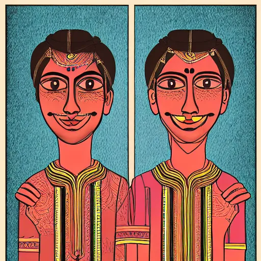 Prompt: perfectly centered symmetrical split male and female portrait of young indian man and woman in love sharing one heart. illustration, highly detailed, simple, no jagged lines, smooth, artstation, artwork by frank lloyd wright