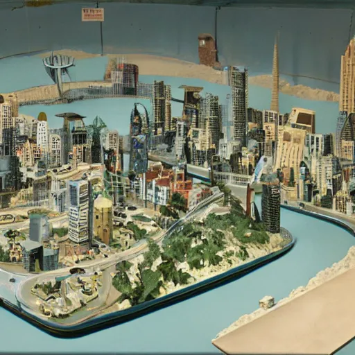 Image similar to The city of the future, diorama, 1956