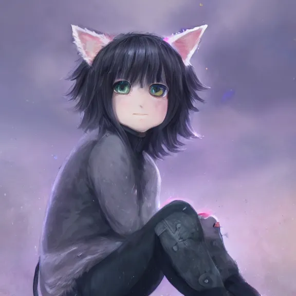 Image similar to emo boy with cat ears and tail sitting, full body, blushing, short smile, fluffy hair covering, fantasy painting, cinematic lightning, highly detailed, trending on Artstation, Unreal Engine 4k, watercolour, pastel, very very very very very very very very beautiful.