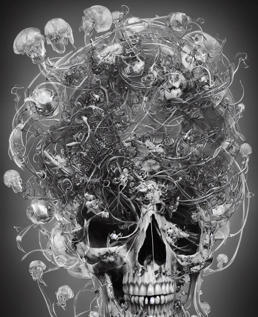 Image similar to close-up portrait goddess skull, thorax, x-ray, backbone, jellyfish phoenix head, nautilus, orchid, skull, betta fish, bioluminiscent creatures, intricate artwork by Tooth Wu and wlop and beeple. octane render, trending on artstation, greg rutkowski very coherent symmetrical artwork. cinematic, black and white, contrast, hyper realism, high detail, octane render, 8k