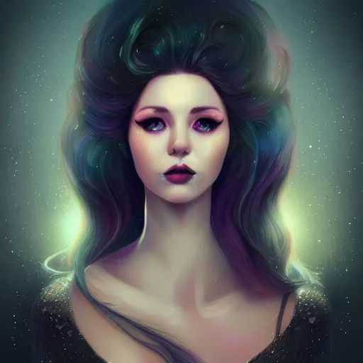 Image similar to portrait of a woman inspired by lois van baarle, charlie bowater, anna dittmann, illustration, iridescent, iridescent hair, face, hair styles, gothic makeup, glitter, self confidence, cinematic 8 k