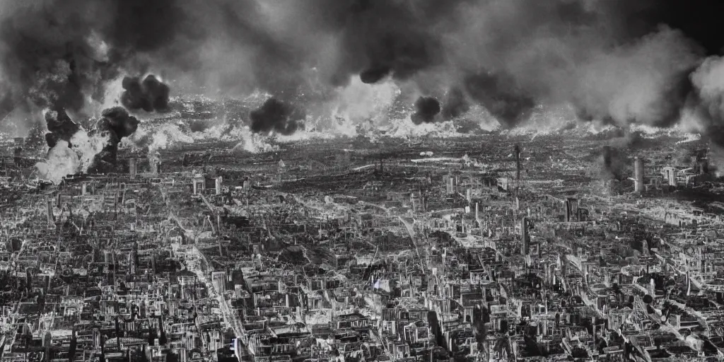 Prompt: steampunk city skyline engulfed in flames, huge explosions everywhere, bird's eye view, cinematic wide shot, 35mm film, black and white photograph