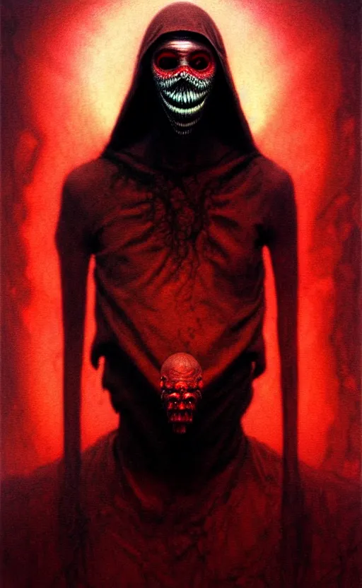 Image similar to a striking full body portrait of a pitch black masked eldritch shaman with sinister red eyes by moebius and beksinski and artgerm, detailed artwork, realism, 4 k resolution, detailed, high quality, sharp focus, hq artwork, insane detail, volumetric lighting, character concept art, fine details, tarot card, clear subject