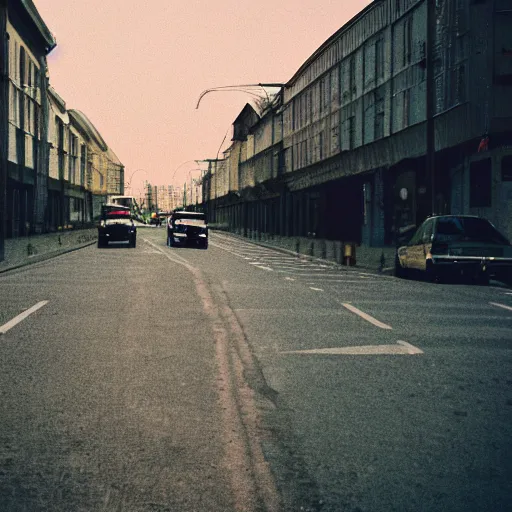 Image similar to close up kodak portra 4 0 0 photograph of future street old russian cosmos city, moody lighting, telephoto, blurry background, faded