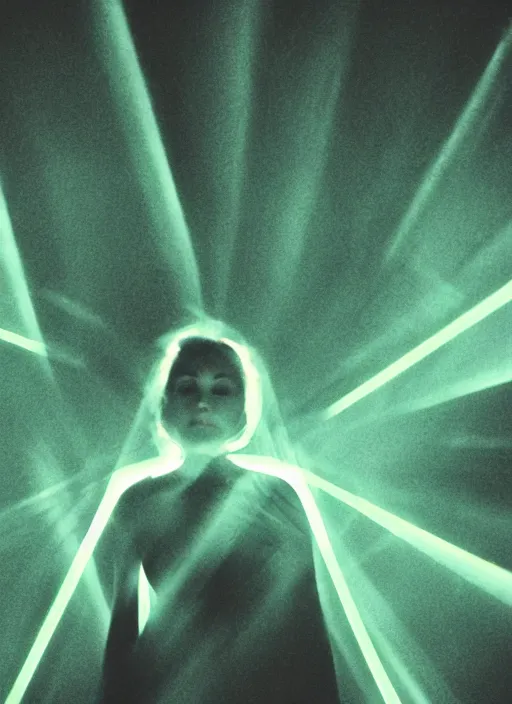 Image similar to female ascending into the sky, glowing aura, motion blur, out of focus, film grain, cinematic lighting, experimental film, shot on 1 6 mm