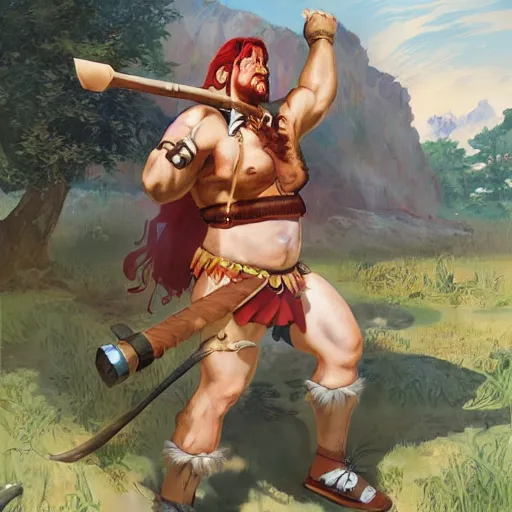 Image similar to a portrait of a cartoon character that has been brought to the real world, a a barbarian with a kind heart, the setting is a normal suburban backyard by Huang Guangjian and Gil Elvgren and Sachin Teng, 8k,