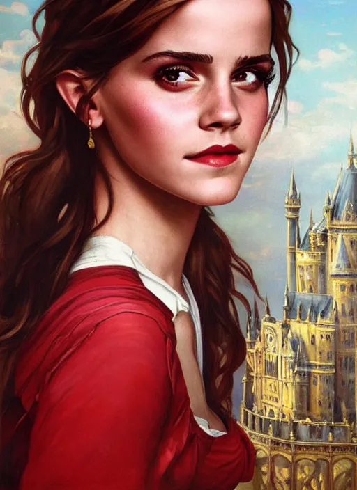 Image similar to oil painting of emma watson giving seductive look wearing red and gold. hogwarts in background beautiful detailed face. by artgerm and greg rutkowski and alphonse mucha