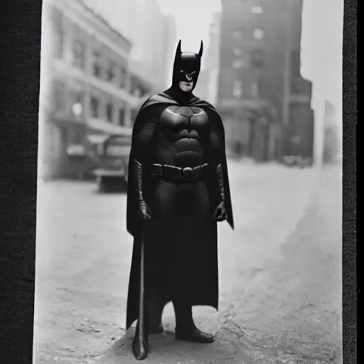 Prompt: old black and white photo portrait, 1 9 2 5, close - up portrait depicting batman with his head down in alley of new york city, rule of thirds, historical record