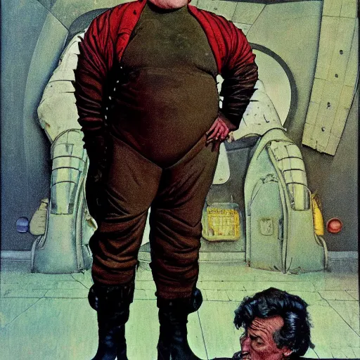 Image similar to full body portrait of actor Kenneth McMillan as baron harkonnen wearing ragged leather spacesuit and floating ten feet above floor in dystopian science fiction palace, painted by norman rockwell and tom lovell and frank schoonover, dune 1982 movie