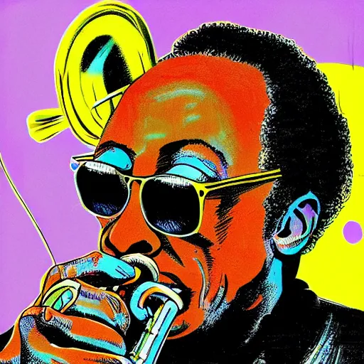 Image similar to miles davis in the style of daniel johnston, 4k