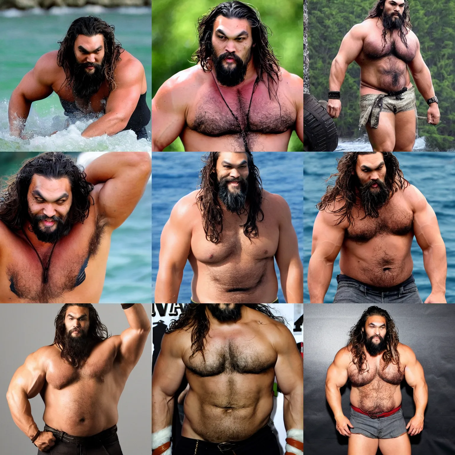 Prompt: jason momoa as a big burly padded hairy strongman