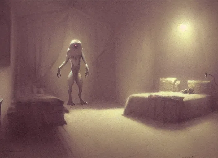 Prompt: terrifying monster in a bedroom by james gurney, volumetric lighting