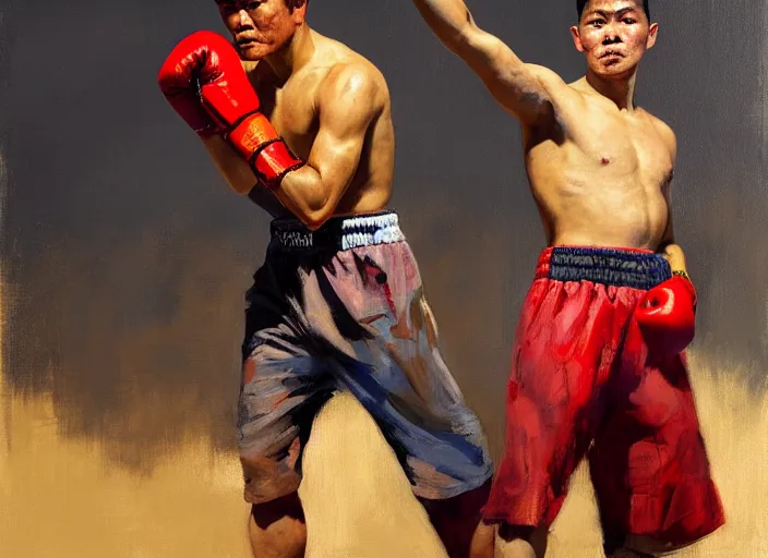 Image similar to greg manchess portrait of a filipino boxer in a victorious pose in an arena, organic painting, sunny day, matte painting, bold shapes, hard edges, street art, trending on artstation, by huang guangjian, gil elvgren, ruan jia, randy vargas, greg rutkowski