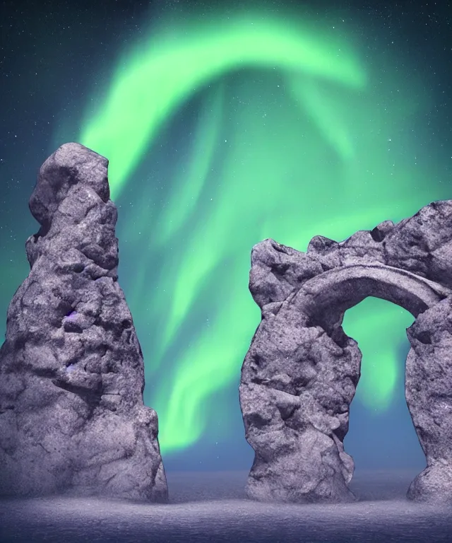 Image similar to stone archway, aurora borealis, portal, mysticism, photorealistic, fog