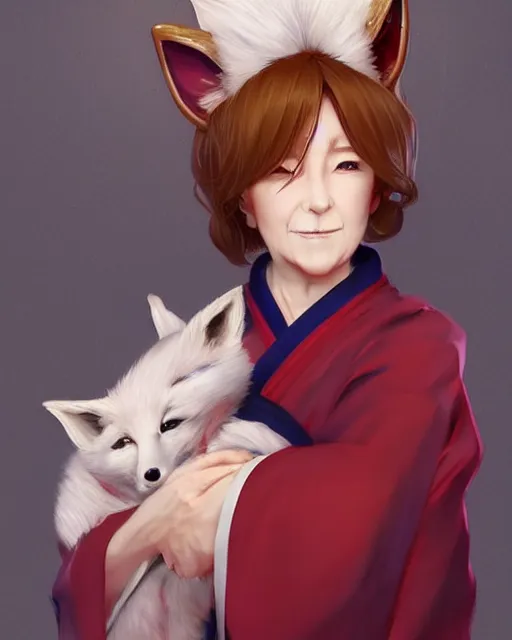 Image similar to Ssunbuki as an older woman with fox ears and a red kimono, visualartzi, Japanese, concept art by Karla Ortiz, James Paick, Charlie Bowater, Krenz Cushart, highly detailed, ultra detailed, ultra realistic, trending on artstation, cgstudio