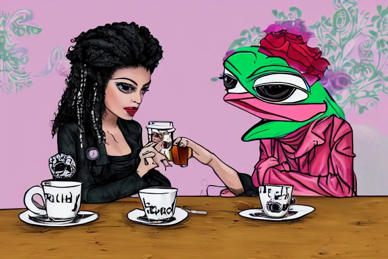 Image similar to punk girl on a date with pepe! the frog! drinking coffee, studio photo, highly detailed, 8 k, natural lighting