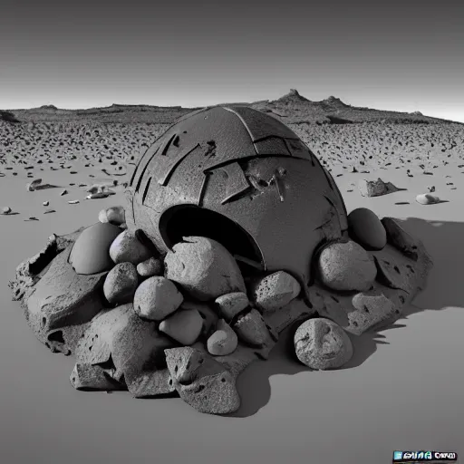 Image similar to crashed burning UFO broken flying saucer in pieces strewn across a rocky desert, with a sad Roswell grey alien trying to repair his destroyed spacecraft in the desert, crashed smoking UFO, crashed bent and broken Flying Saucer, cactus and rocks in the background, dusk, featured on zbrush central, hurufiyya, zbrush, polycount, airbrush art