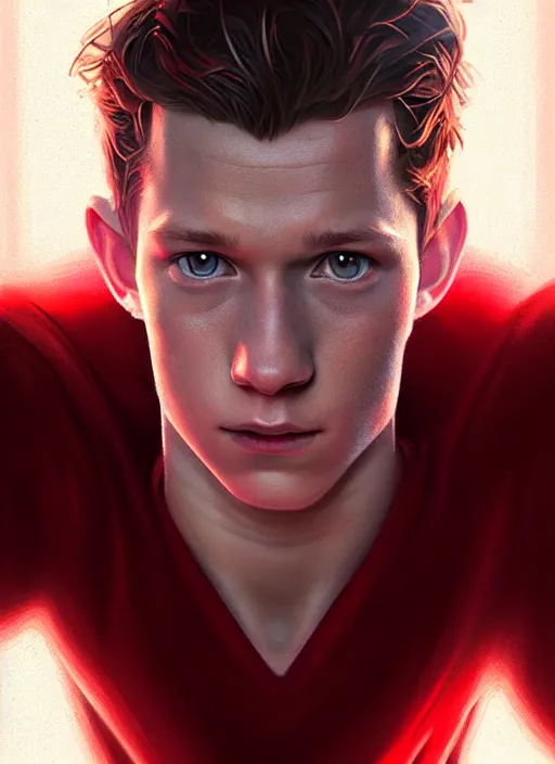 Image similar to portrait of tom holland with hazel eyes, hazel eyes, red shirt, intricate, elegant, glowing lights, highly detailed, digital painting, artstation, concept art, smooth, sharp focus, illustration, art by wlop, mars ravelo and greg rutkowski