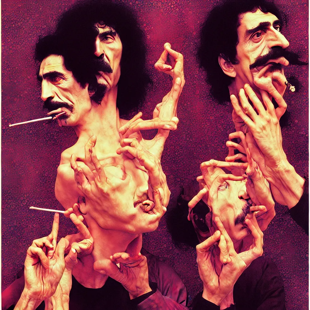 Image similar to weird and disturbing portrait of frank zappa smoking, vivid colors, neon, art by ( ( ( kuvshinov ilya ) ) ) and wayne barlowe and gustav klimt and artgerm and wlop and william - adolphe bouguereau