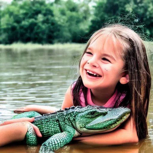 Prompt: A child happily hugging an alligator gar ,photography