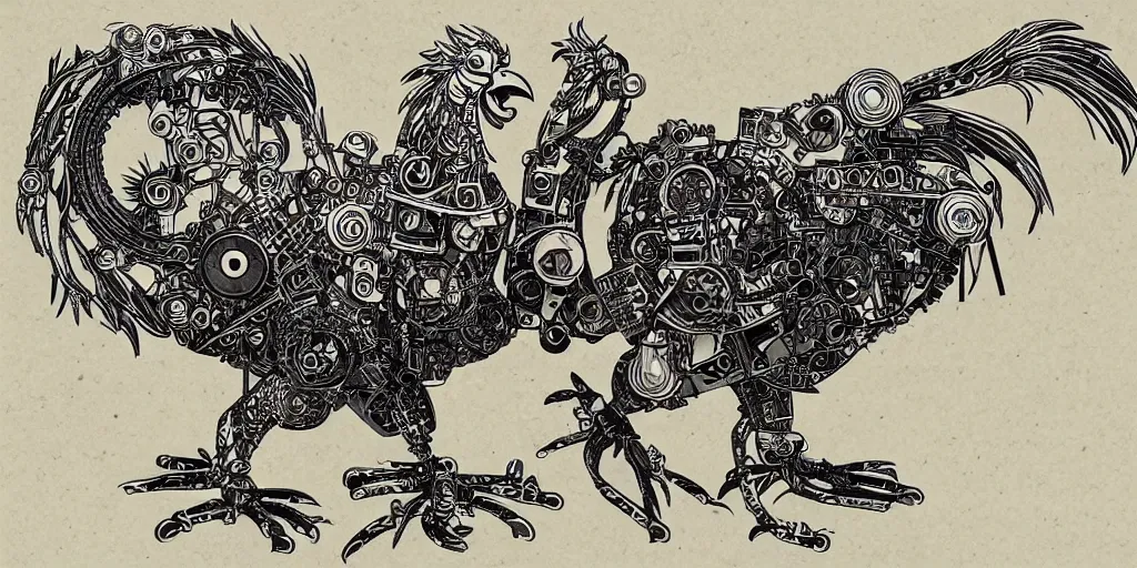 Prompt: schematic of a fighting rooster made of car engine parts, schematic, dieselpunk, masterpiece, illustration, hand drawn, intricate, highly detailed