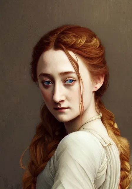 Prompt: sansa saoirse ronan, intricate, elegant, highly detailed, digital painting, artstation, concept art, smooth, sharp focus, illustration, art by artgerm and greg rutkowski and alphonse mucha and william - adolphe bouguereau