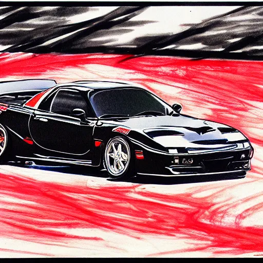 Prompt: pen ink drawing black red 1999 FD RX-7 front side view dynamic racing motion blur Shuichi Shigeno and Michiharu Kusunoki