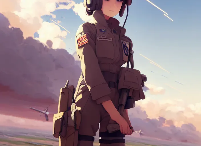 Prompt: portrait of cute pilot girl, smoky sky background battlefield landscape illustration concept art anime key visual trending pixiv fanbox by wlop and greg rutkowski and makoto shinkai and studio ghibli and kyoto animation soldier clothing military gear airplane cockpit instruments