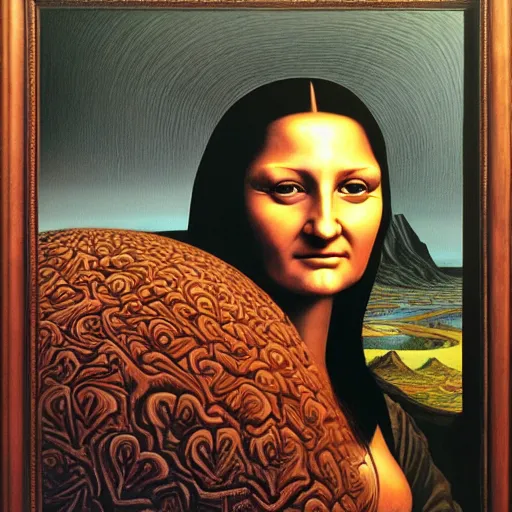 Image similar to monalisa by jacek yerka, alex gray, zdzisław beksiński, dariusz zawadzki, jeffrey smith and h.r. giger, oil on canvas, 8k highly professionally detailed, trending on artstation