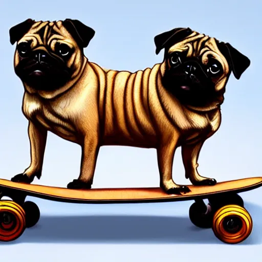 Prompt: a pug dog sitting on top of a skateboard, a digital painting by jeffrey smith, featured on cg society, digital art, digital painting, sketchfab, digital illustration