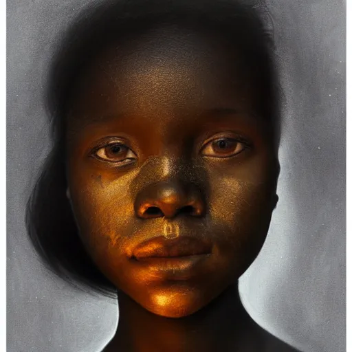 Prompt: a portrait of a young black vilage girl dressed in a simple dress, anatomically correct, beautiful face, enigmatic, oil painting, matte painting, black background, Volumetric Golden dappled dynamic lighting, Highly Detailed, Cinematic Lighting, Unreal Engine, 8k, HD, by Beksinski