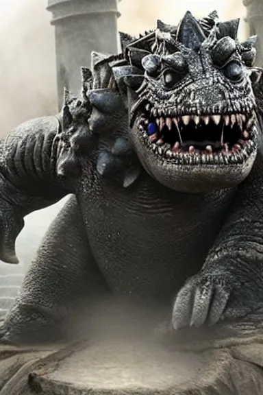 Image similar to very very intricate photorealistic photo of a thwomp in an episode of game of thrones, photo is in focus with detailed atmospheric lighting, award - winning details