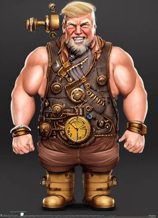 Prompt: steampunk dwarf donald trump is a muscular bodybuilder, au naturel, hyper detailed, digital art, trending in artstation, cinematic lighting, studio quality, smooth render, unreal engine 5 rendered, octane rendered, art style by klimt and nixeu and ian sprigger and wlop and krenz cushart.