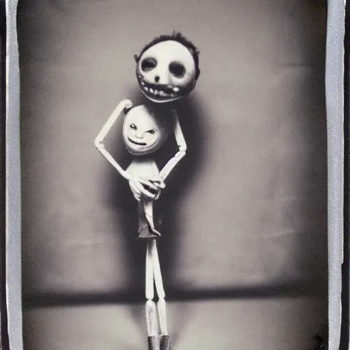 Image similar to creepy marionette puppet, horror, pediophobia, lost photograph, forgotten, final photo found before disaster, polaroid,