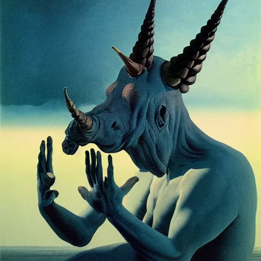 Image similar to portrait of mutant with horn in form of hand, anime, hand transplanted to head, surgery, bump in form of hand, growth on head, hippo, unicorn by zdzisław beksinski, from the tusk movie, greeting hand on head