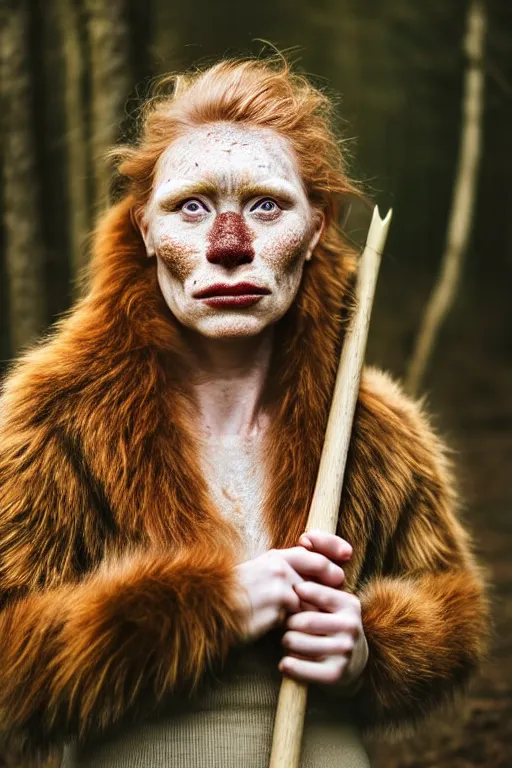 Image similar to a professional portrait photo of a gentle strong neanderthal woman in the forest in winter holding a spear, freckles and mud on face, black stripe painted side to side across her eyes, ginger hair and fur, extremely high fidelity, natural lighting,