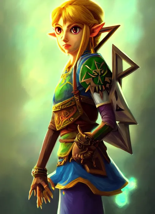 Image similar to zelda with triforce, majora's mask, fantasy, intricate, elegant, highly detailed, digital painting, artstation, concept art, wallpaper, smooth, sharp focus, illustration, art by wlop