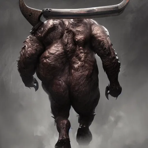 Image similar to Bull zoomorph creature carrying a big two-handed axe, dark atmosphere, angry look, highly detailed, digital painting, Trending on artstation , HD quality, by Augusto Ferrer Dalmau, dramatic light, octane