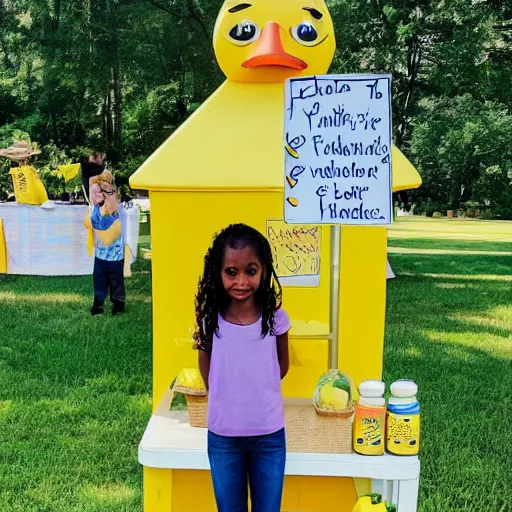 Image similar to a yellow human sized duck standing next to a children's lemonade stand