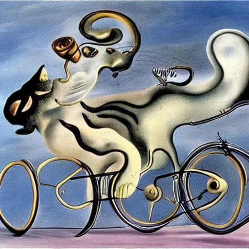 Image similar to a cat riding a bicycle, painting by salvador dali