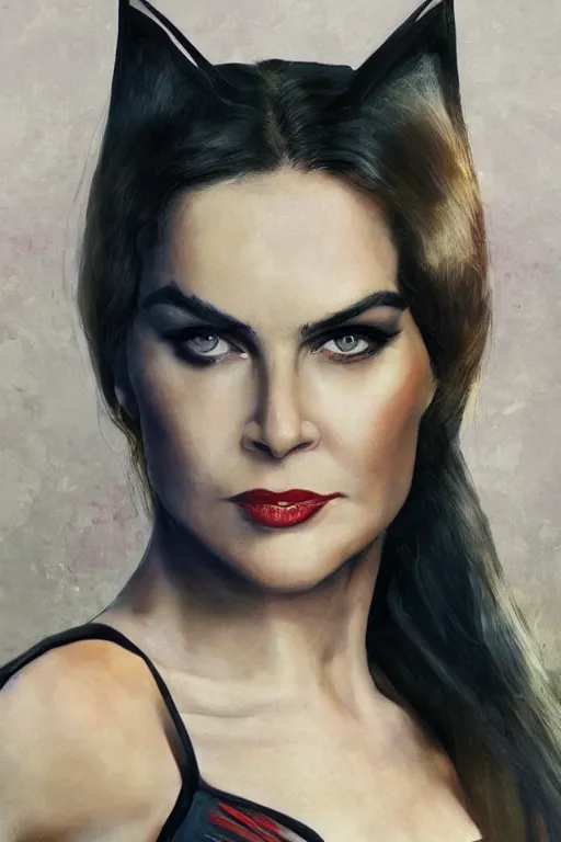 Image similar to portrait of a mix of beautiful young maria shriver, mariel hemmingway, brooke shields, nicole kidman and elle macpherson as catwoman, thin lips, hair tied up in a pony tail, colorful artstation, cgsociety