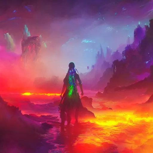 Image similar to landscape of Aloy with pistol swimming in chromatic SPIRITS in misty mysterious astral temple, beautiful, dmt, trending on artstation, omnious, soft, artwork by Wong, Liam