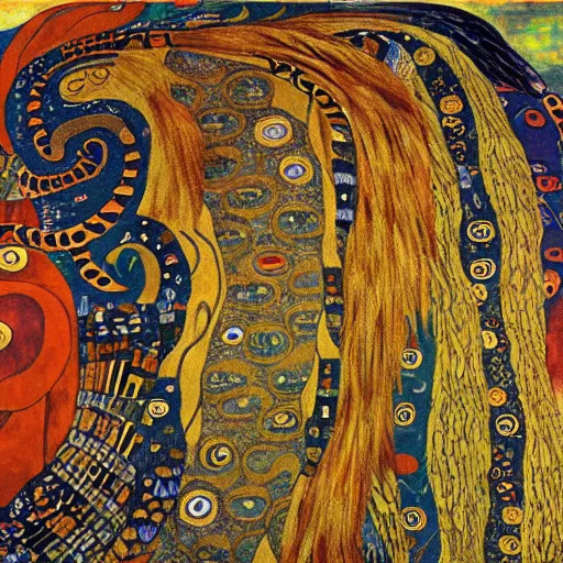 Image similar to complex ouroboros feathered serpent biting its tail large painting by gustav klimt